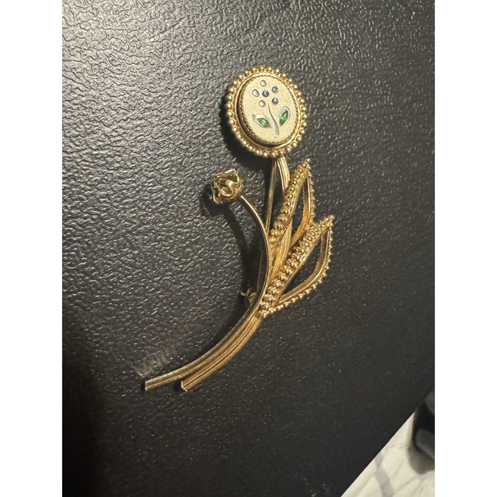 Vintage Gold Plated Flower Leaves with Gems Brooch Pin Jewelry